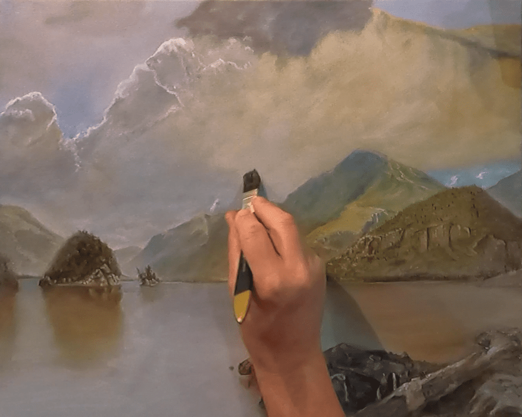 Apply a mix of glaze and a small amount of titanium white to the sky and mountains