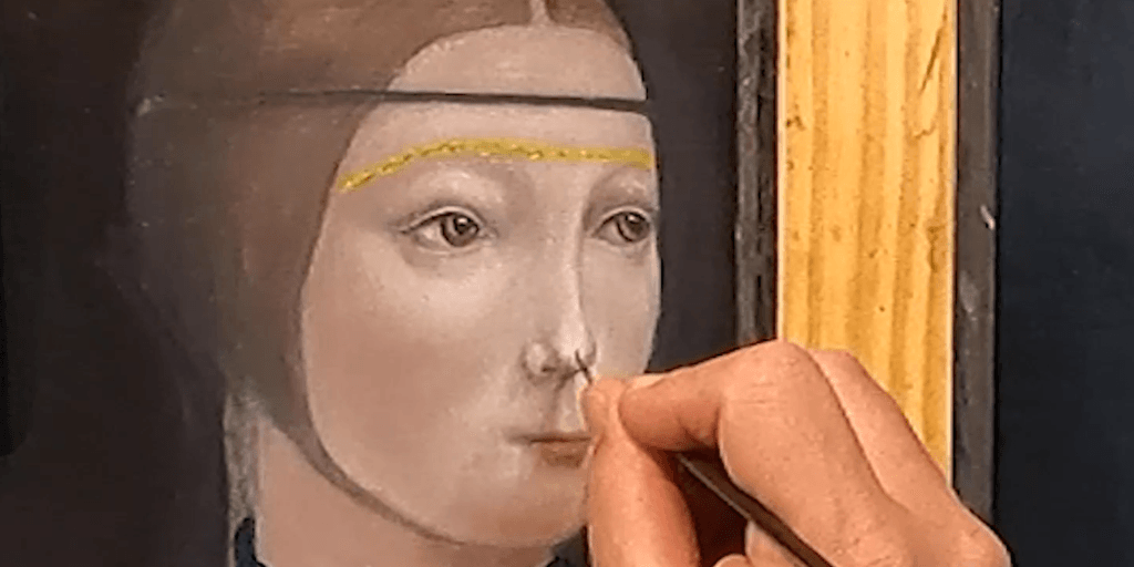A screenshot of a lady with an ermine oil paint blocking and glazing showing How to paint with the paint reproduction method