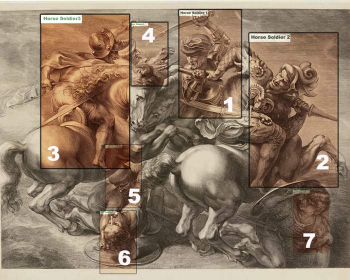 The Battle of Anghiari sketch with soldiers numbered based off of Rubens sketch originally by Da Vinci.
