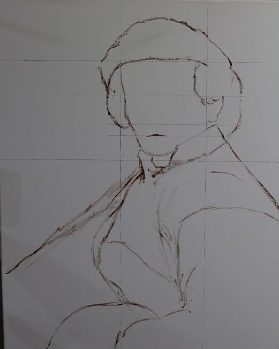 Initial sketch outline of Rembrandts Self Portrait with Collar Up.