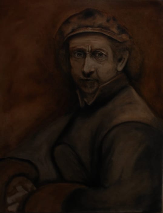 in progress sketch with aded black of Rembrandts Self Portrait with Collar Up.
