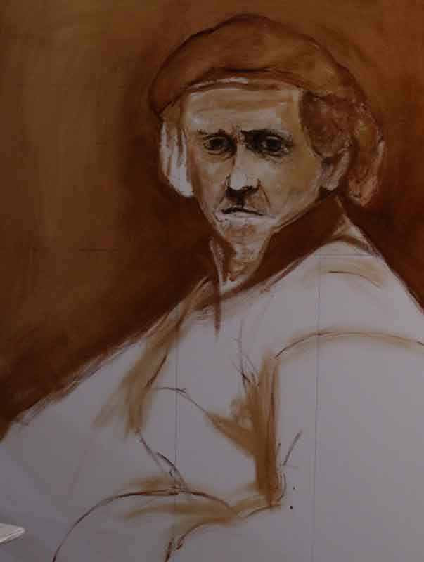 in progress sketch outline of Rembrandts Self Portrait with Collar Up.