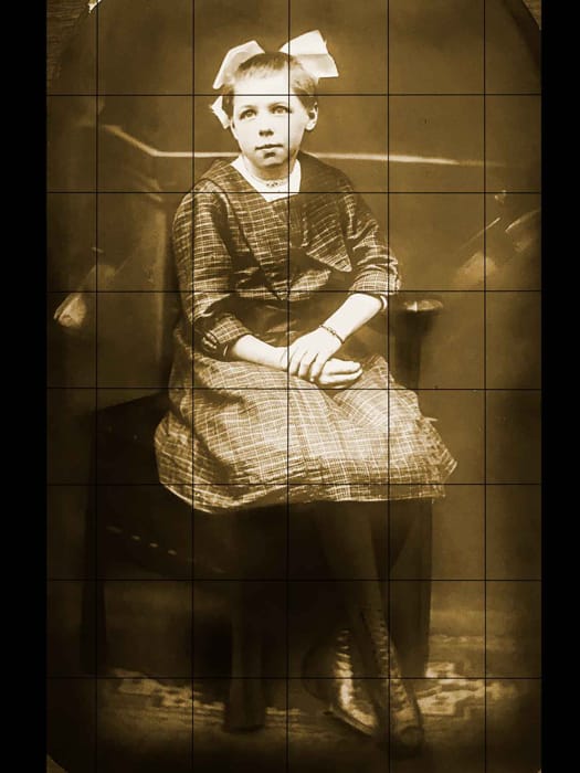 Working Image  of Grammy Smith being used for the oil painting portrait including grid lines.