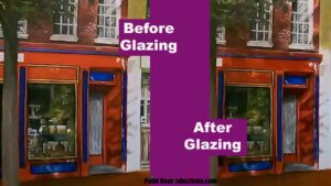 before and after screenshot of using glazing to create depth in a cityscape